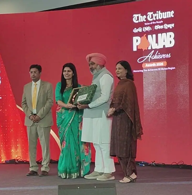School representatives receiving the Tribune Achiever Award 2026 on stage at Bathinda