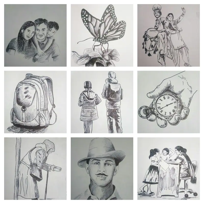 Student pencil sketches displayed in the art room