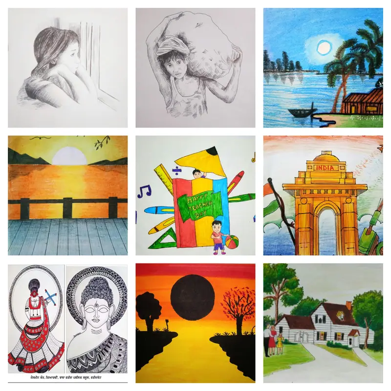 Colourful student paintings displayed in the art room