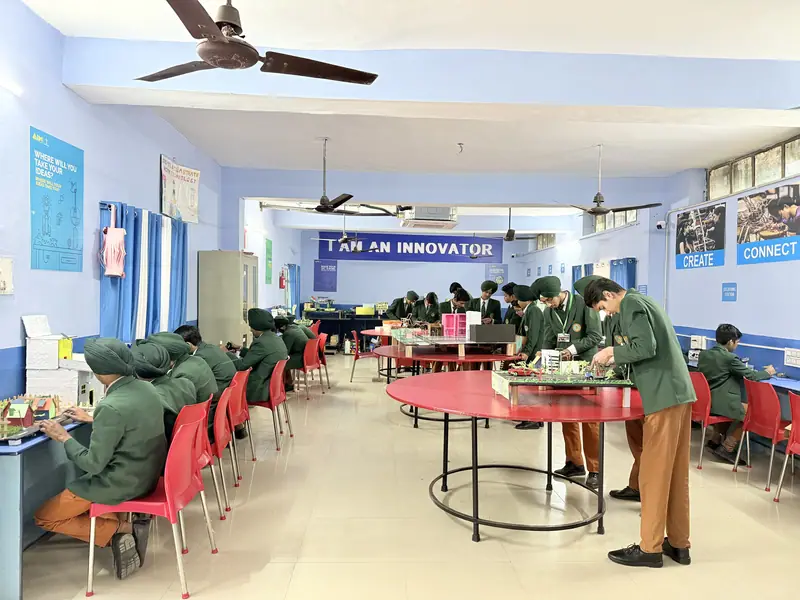 Students with project models in the Atal Tinkering Lab
