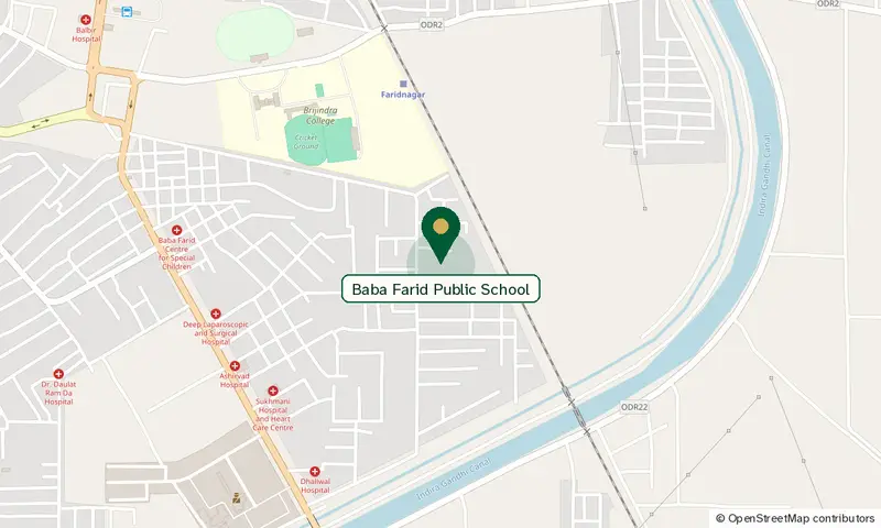 Street map of Faridkot with a pin on Baba Farid Public School, Harindra Nagar